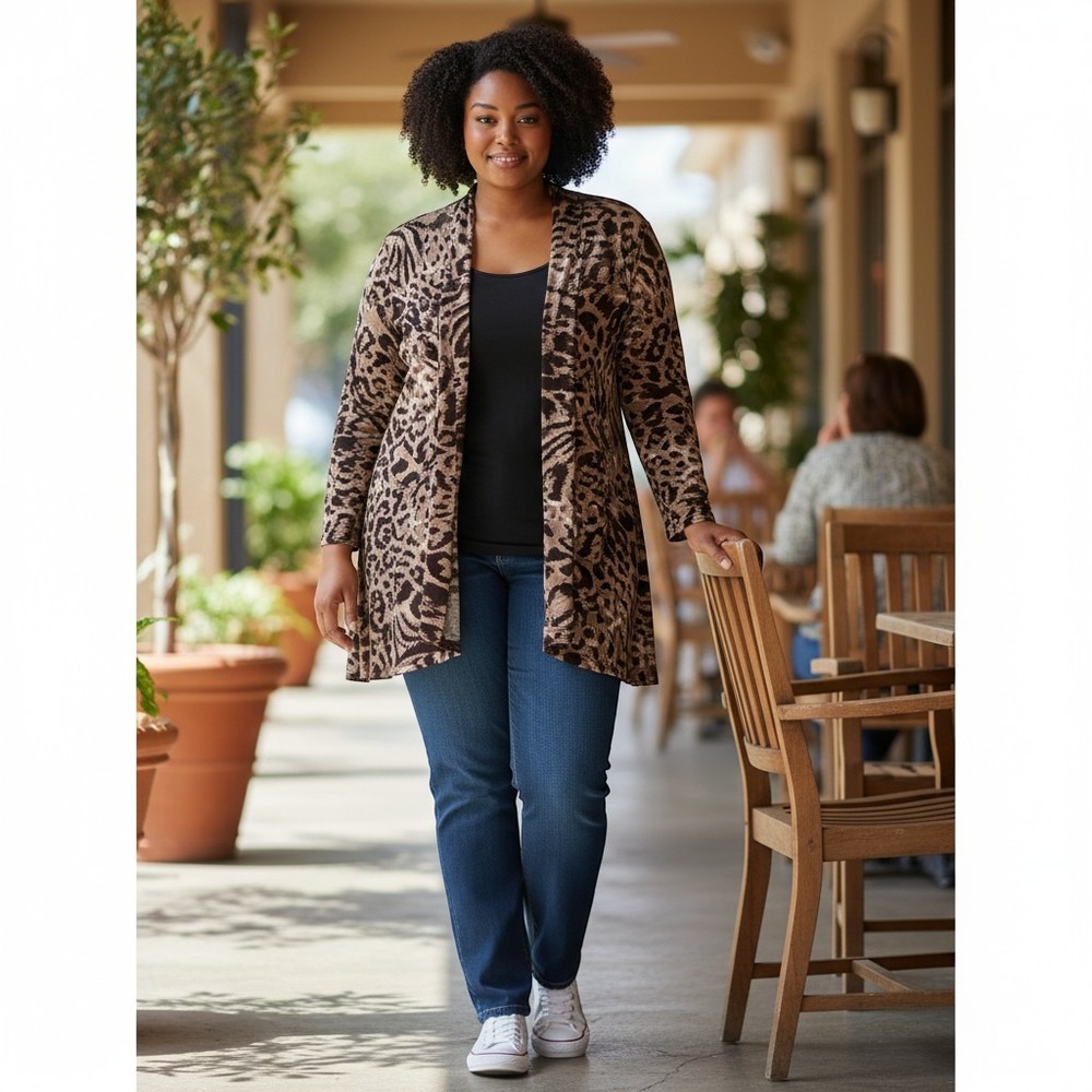 Chicos Travelers Leopard Print Open Front Cardigan Brown Tan Size 3 XXL